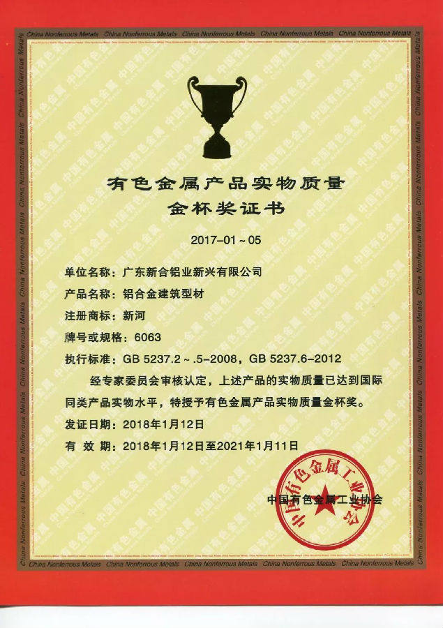 新河铝材再度荣获铝材实物质量认定最高奖项