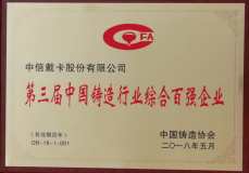 中信戴卡荣登中国铸造行业综合百强企业榜首并获“中国铸造行业排头兵企业”荣誉称号