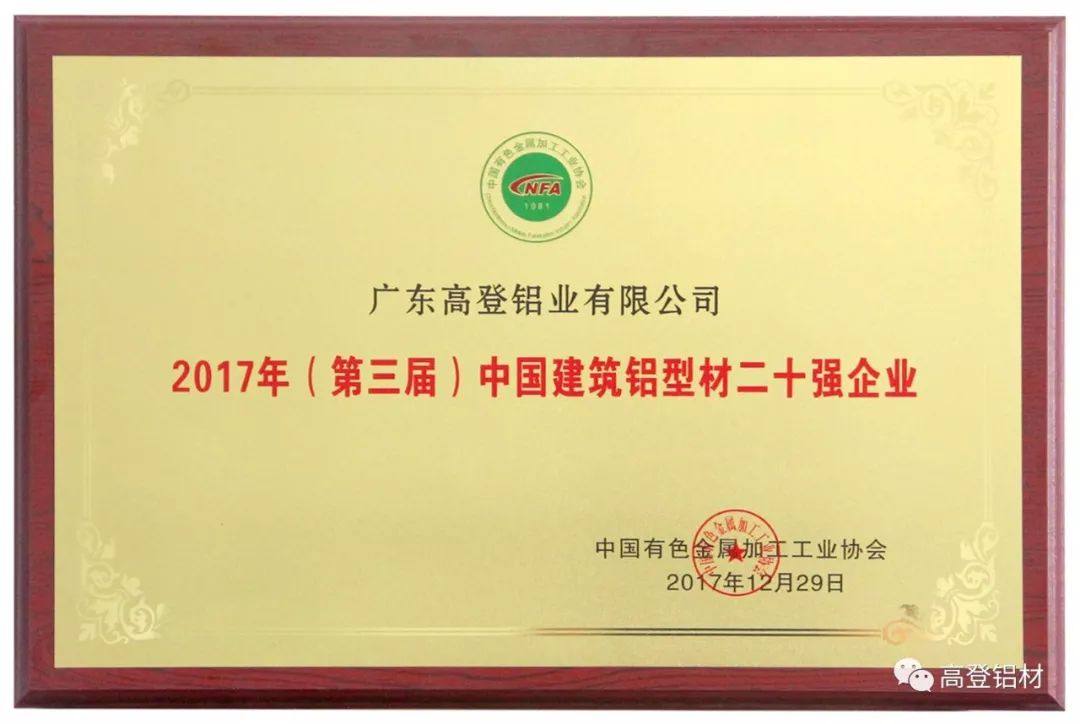 高登铝业集团荣获“中国建筑铝型材二十强”