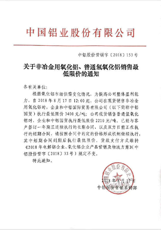 中鋁股份關於非冶金用氧化鋁、普通氫氧化鋁銷售最低限價的通知