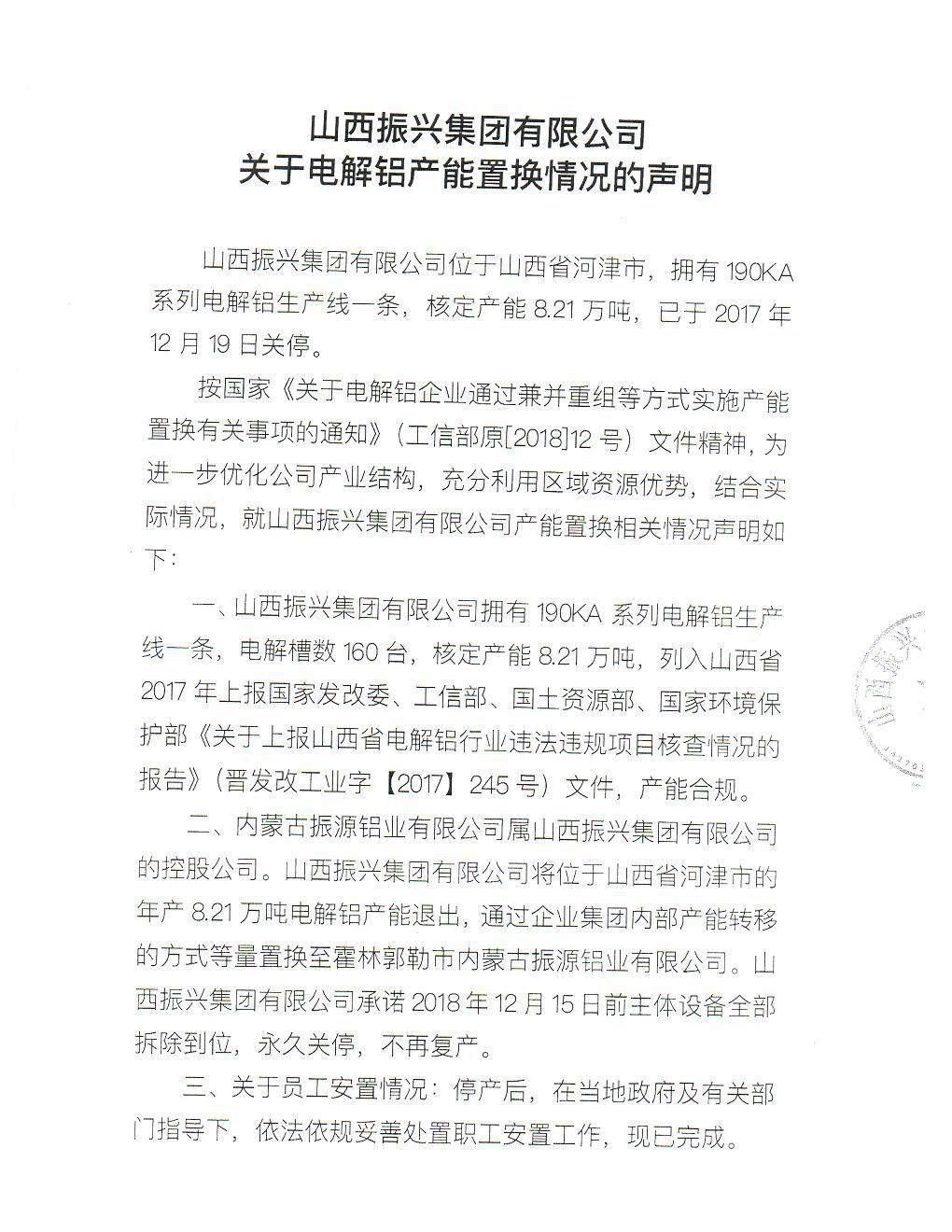 关于山西振兴集团有限公司与内蒙古振源铝业有限公司电解铝产能置换方案的公示