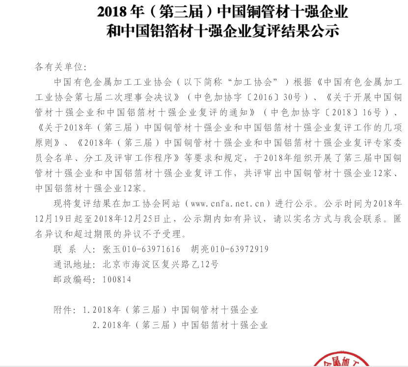 龙鼎铝业荣获2018年（第三届）中国铝箔材十强企业第八名