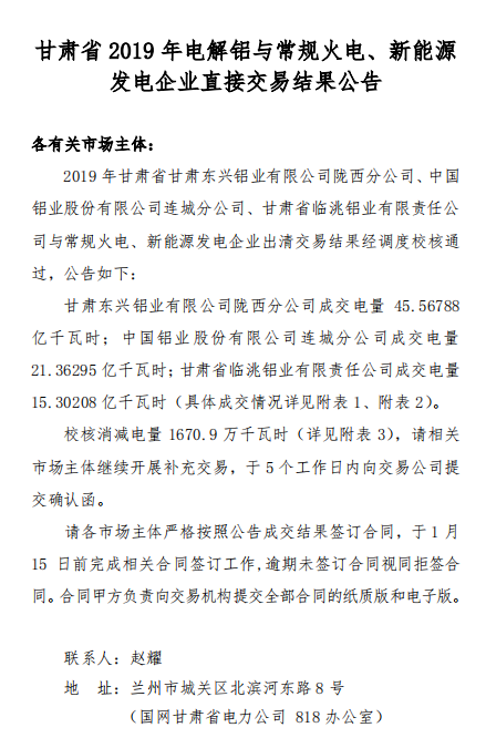 甘肃2019年电解铝与常规火电、新能源发电企业直接交易结果