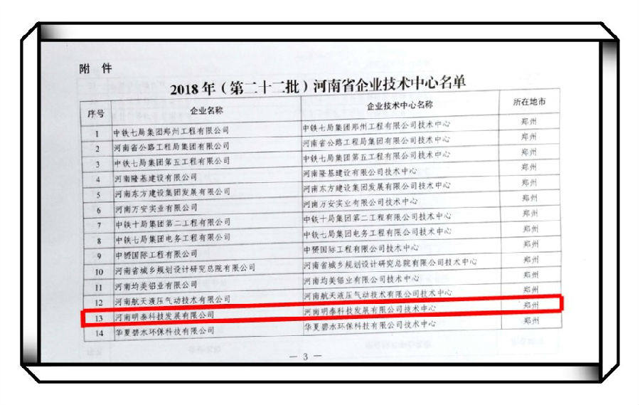 明泰铝业子公司河南明泰科技发展有限公司被认定为省级企业技术中心