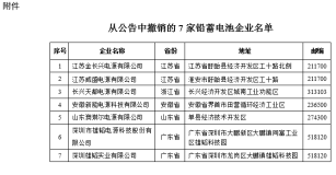 工信部：从公告中撤销的7家铅蓄电池企业名单