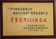 廣西華銀鋁業榮獲2019年度廣西有色冶金行業“質量信用AAA級企業”及“質量管理獎”榮譽稱號