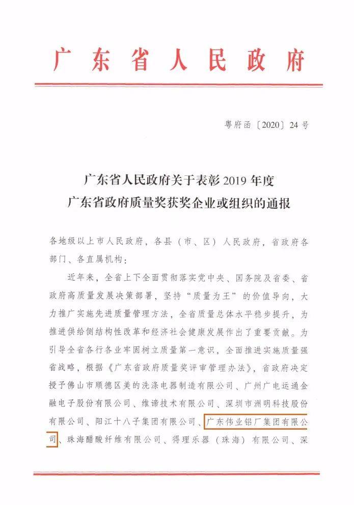 伟业荣获广东省最高质量荣誉！