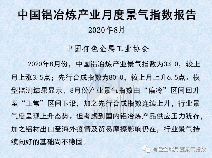 中国铝冶炼产业月度景气指数报告（2020年8月）