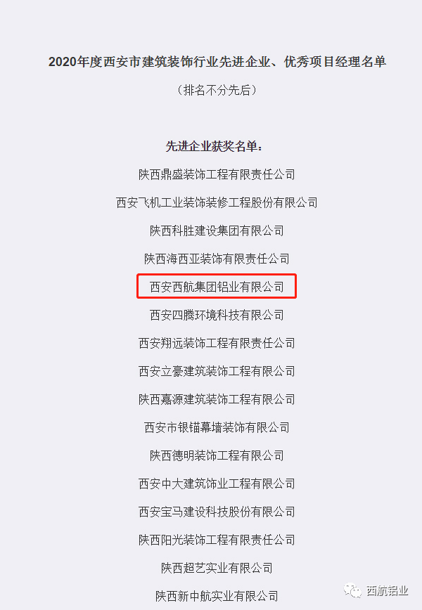 西航铝业再次荣获2020年度西安建筑装饰行业20强企业、先进企业表彰