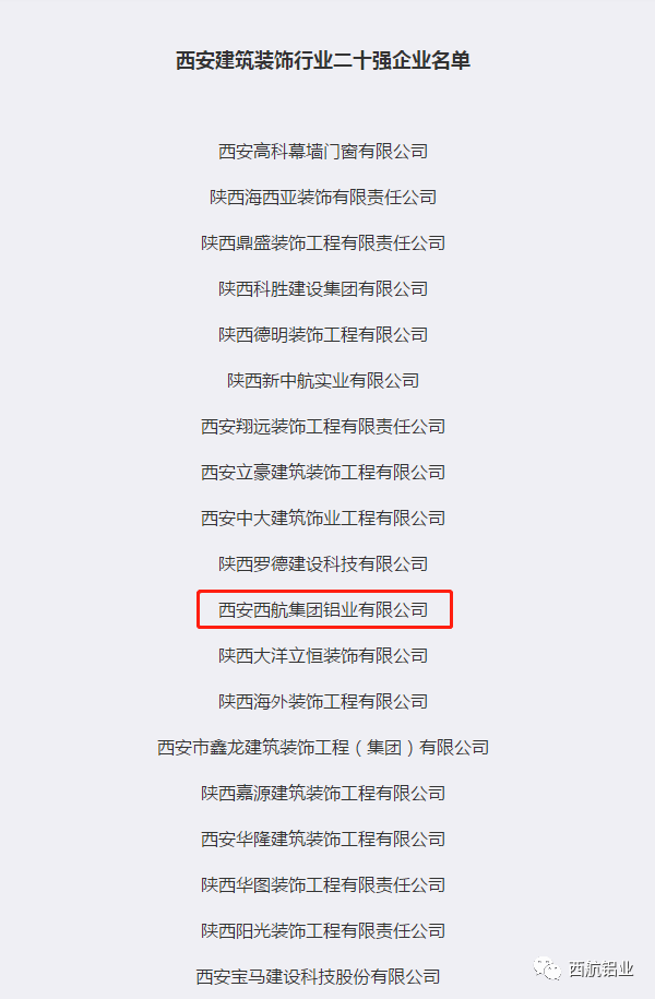 西航铝业再次荣获2020年度西安建筑装饰行业20强企业、先进企业表彰