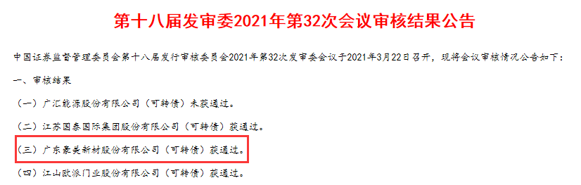 豪美新材公开发行可转换公司债券申请获得中国证监会发审委审核通过