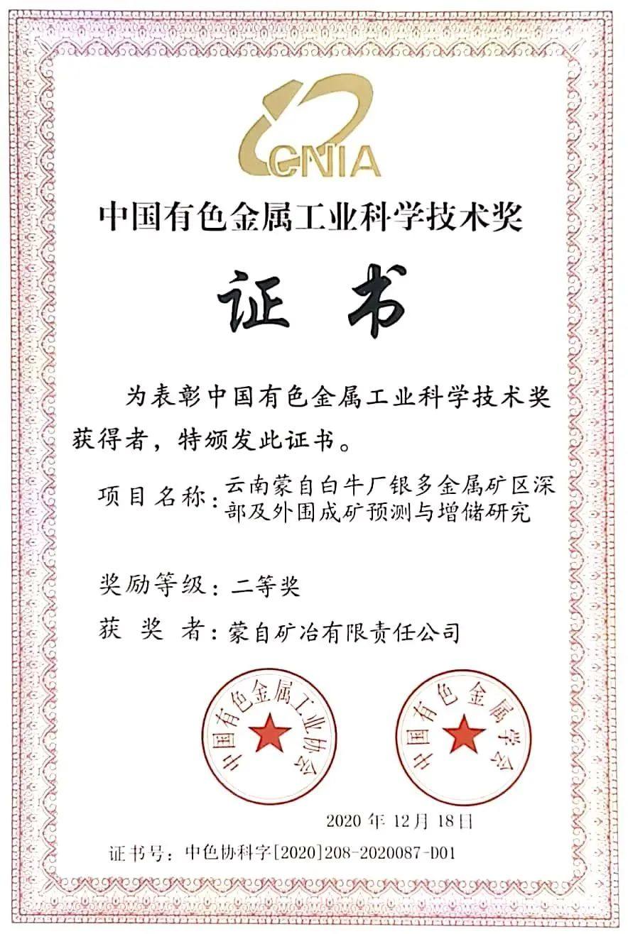 蒙自矿冶公司荣获2020年度中国有色金属工业科学技术二等奖！