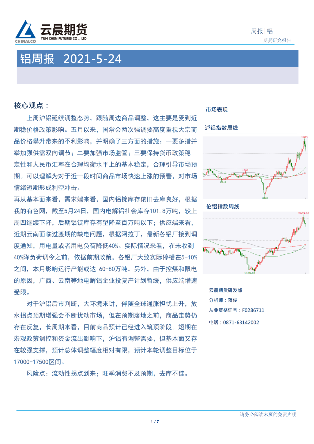 2021年第21周云晨期货铝周报