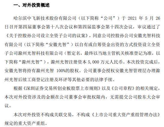 中飞股份控股孙公司投资5000万元设立全资子公司