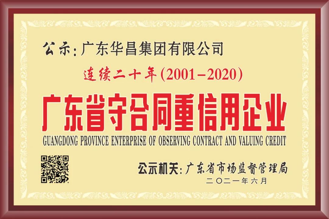 華昌集團連續20年獲得“廣東省守合同重信用企業”榮譽稱號