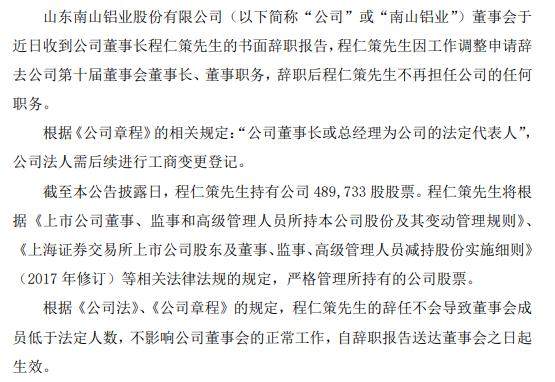 南山铝业董事长程仁策辞职 2020年薪酬为140.12万
