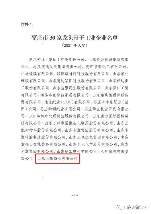 天衢铝业被评为2021年枣庄市龙头骨干工业企业