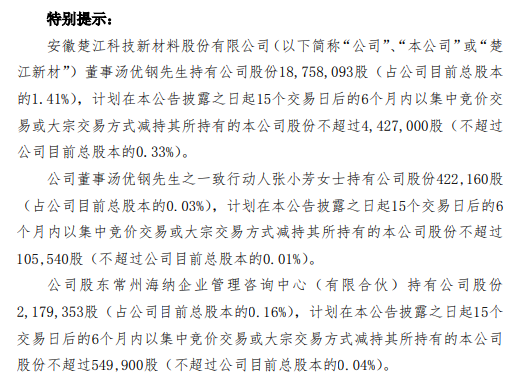 楚江新材股东和部分董事及其一致行动人拟合计减持不超508.24万股公司股份 上半年公司净利2.58亿