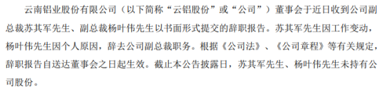 云铝股份副总裁苏其军、杨叶伟辞职 上半年公司净利19.98亿