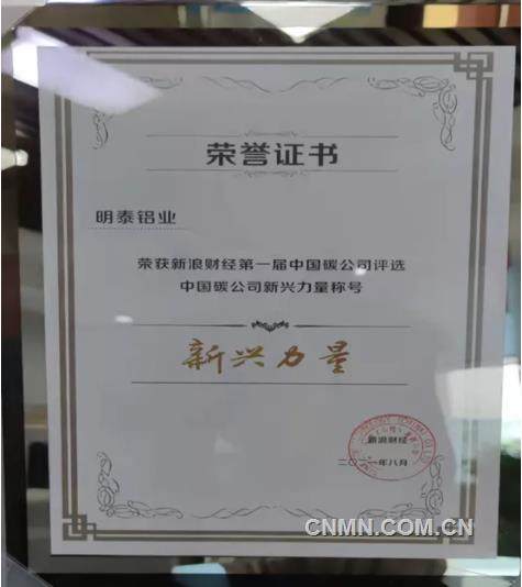明泰铝业入选“2021第一届中国碳公司评选新兴力量”