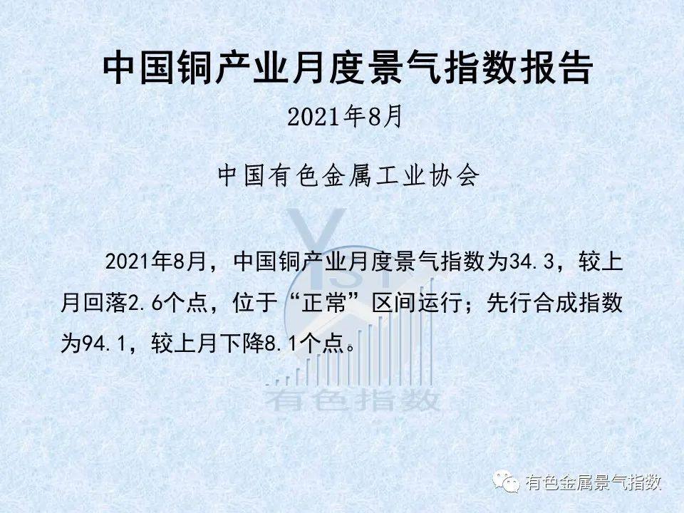 2021年8月中国铜产业景气指数为34.3 较上月回落2.6个点