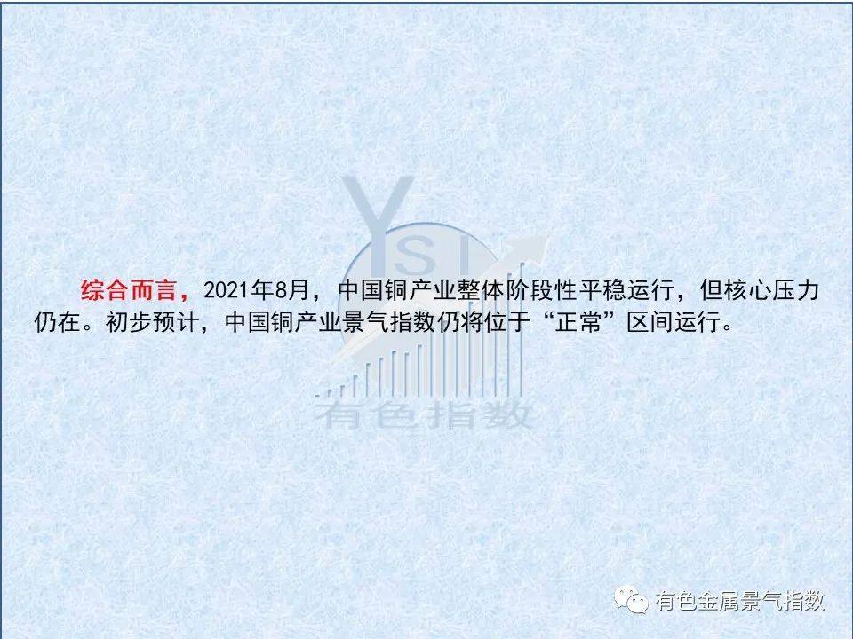 2021年8月中国铜产业景气指数为34.3 较上月回落2.6个点