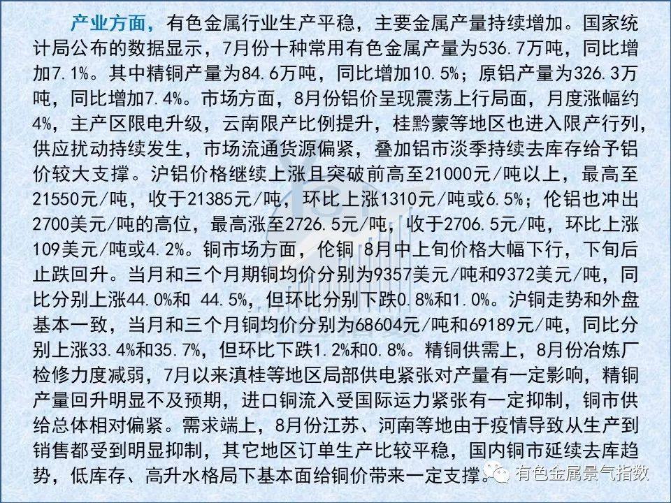 2021年8月中國有色金屬產業月度景氣指數爲41.3 較上月回落2.1個點