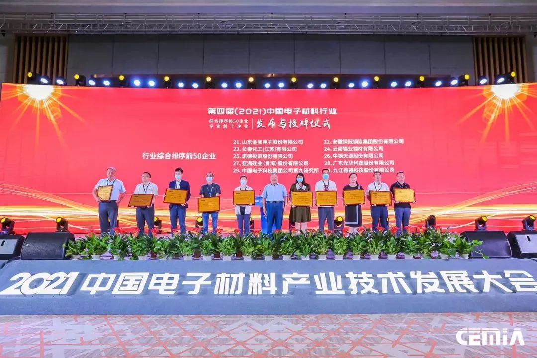 诺德股份荣获2021年中国电子材料行业综合前五十强