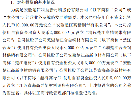 楚江新材及控股子公司拟合计对外投资2.3亿设立子公司