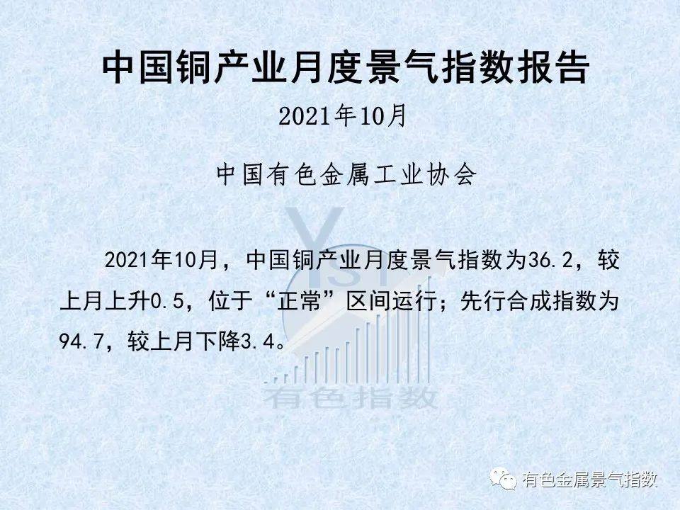 2021年10月中国铜产业月度景气指数36.2 较上月上升0.5