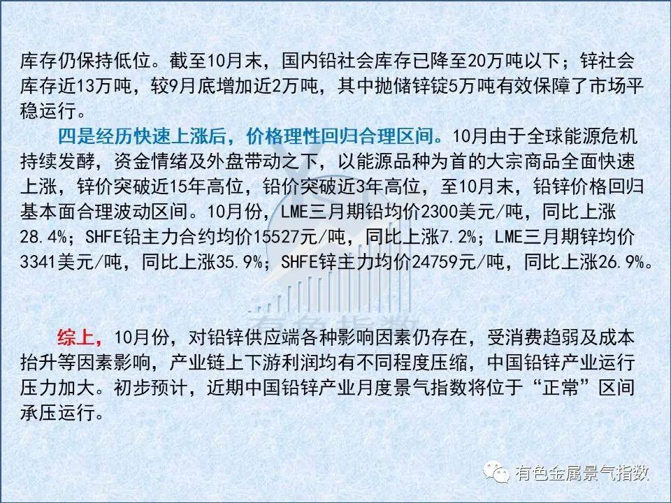 2021年10月中国铅锌产业景气指数为46.7 较上月上升2个点