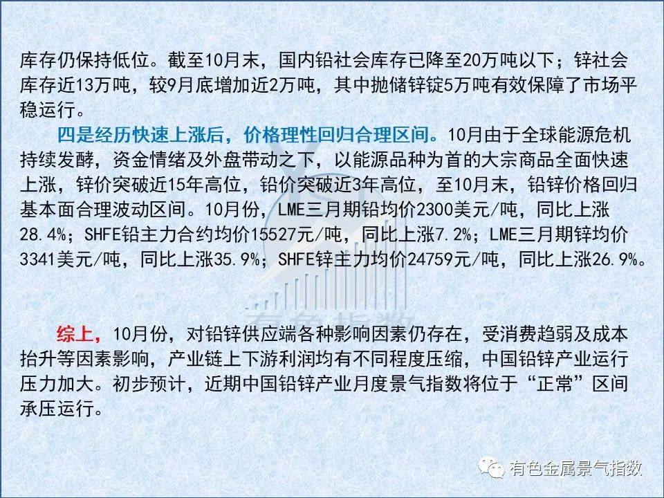 2021年10月中國鉛鋅產業景氣指數爲46.7 較上月上升2個點