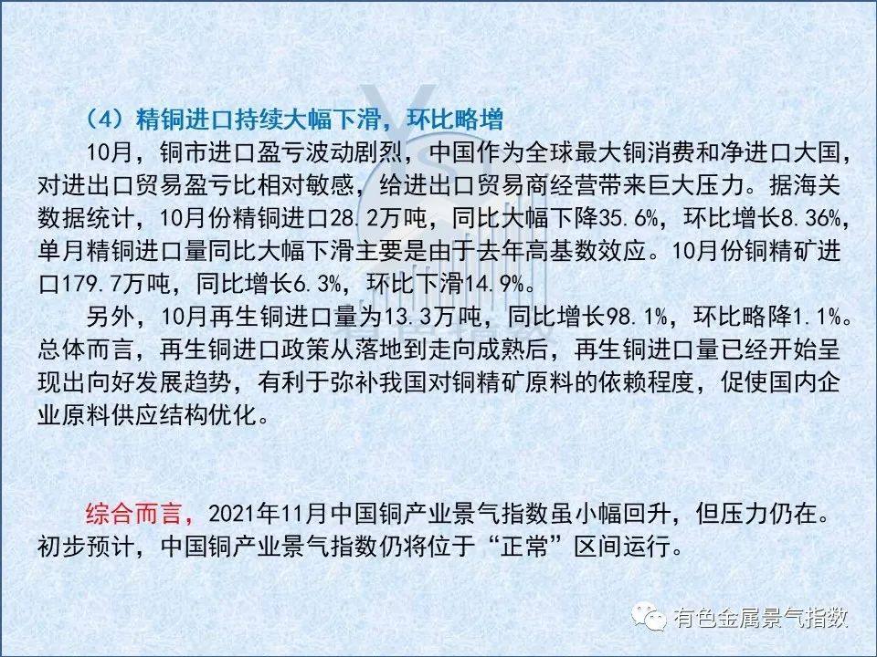 2021年11月中国铜产业月度景气指数为36.4 较上月上升0.2