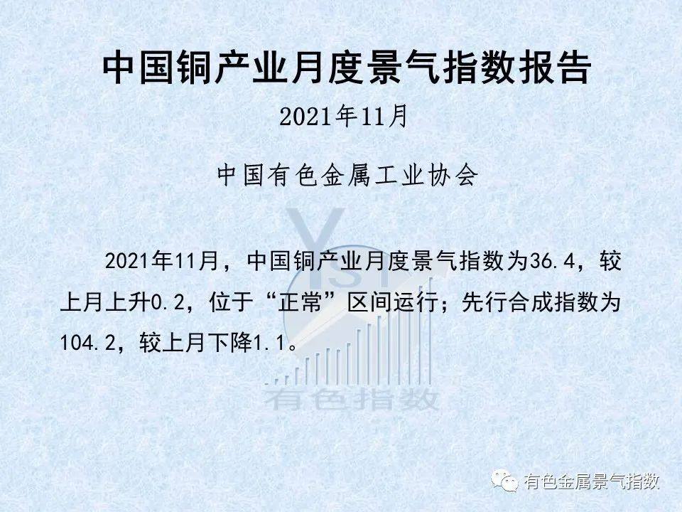 2021年11月中国铜产业月度景气指数为36.4 较上月上升0.2