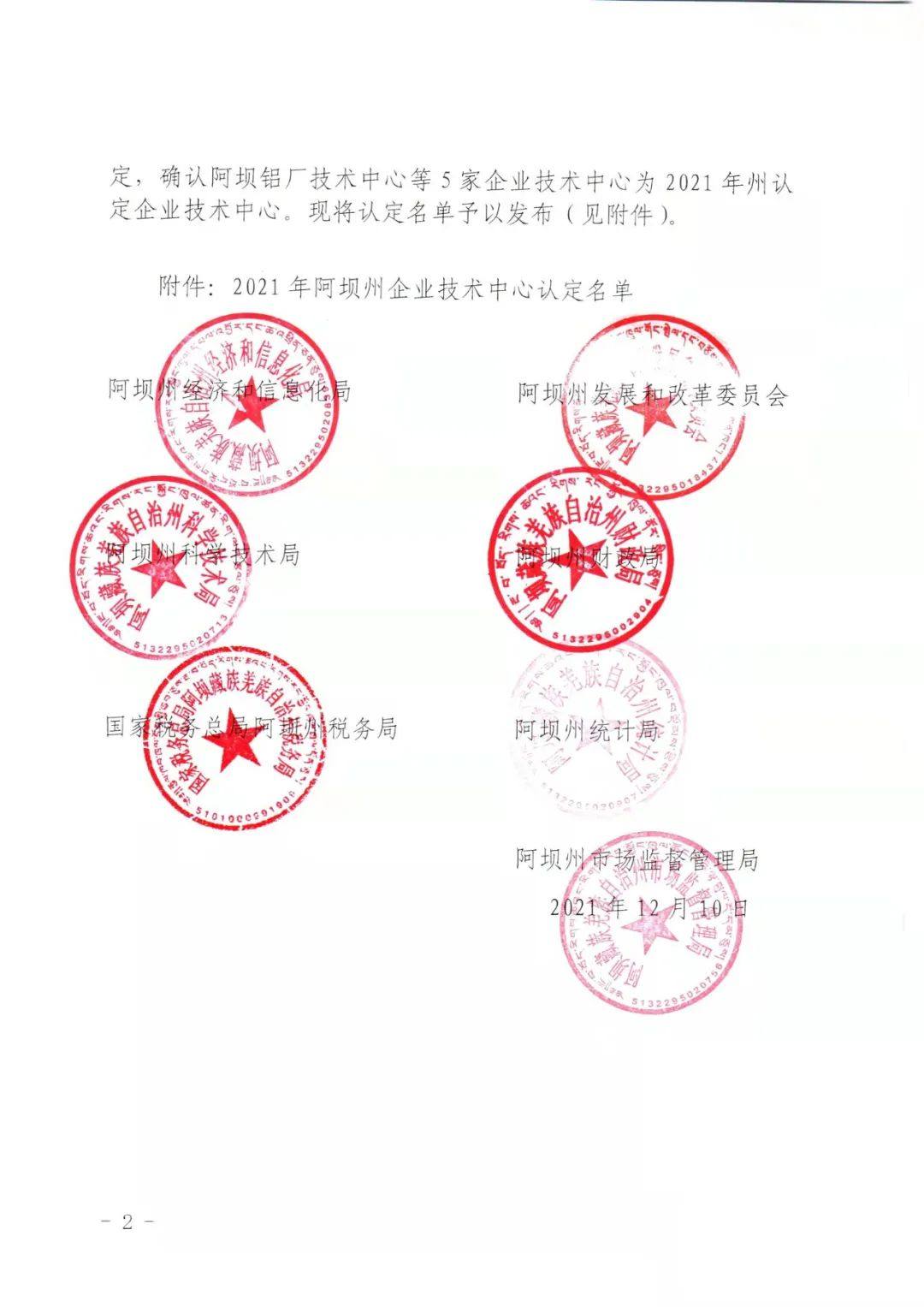 阿坝铝厂成功认定为阿坝州州级企业技术中心