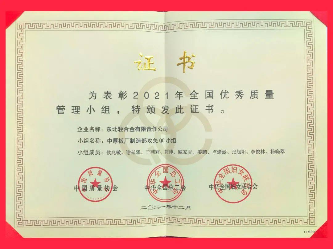 中铝东轻QC小组荣获“全国优秀质量管理小组”称号