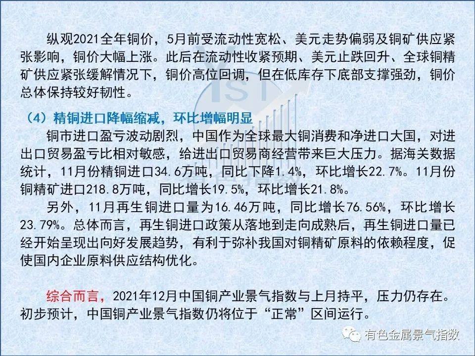 2021年12月中國銅產業月度景氣指數爲34.7 與上月持平