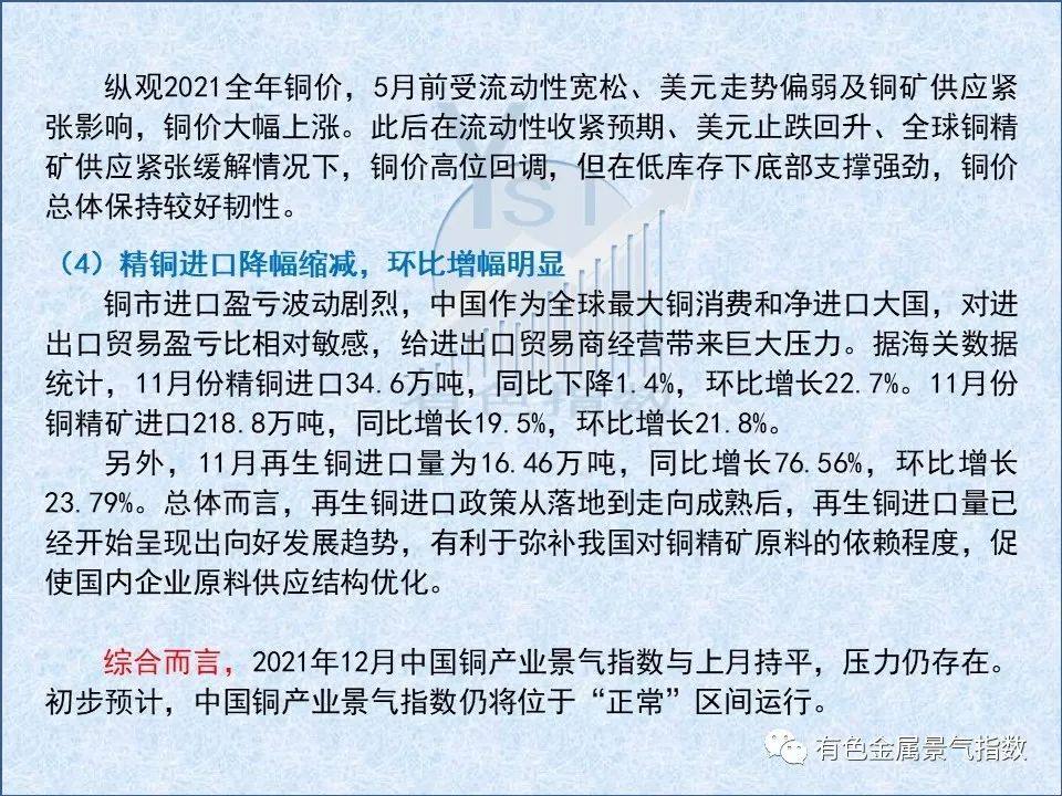 2021年12月中国铜产业月度景气指数为34.7 与上月持平