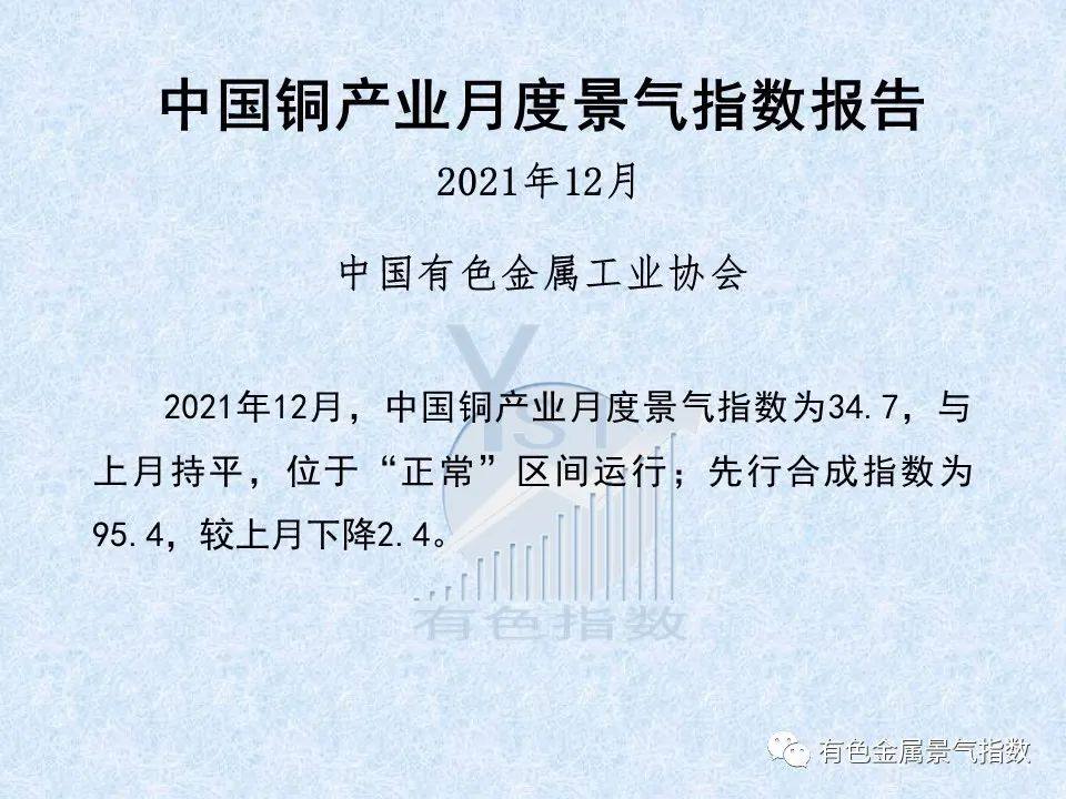 2021年12月中國銅產業月度景氣指數爲34.7 與上月持平