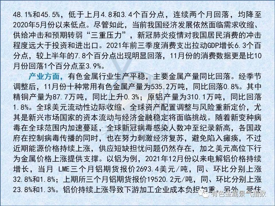 2021年12月中国有色金属产业月度景气指数为32.9 较上月回落2.6个点