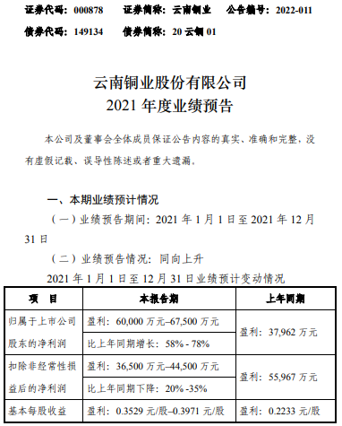 云南铜业2021年预计净利6亿-6.75亿同比增长58%-78% 投资收益增加