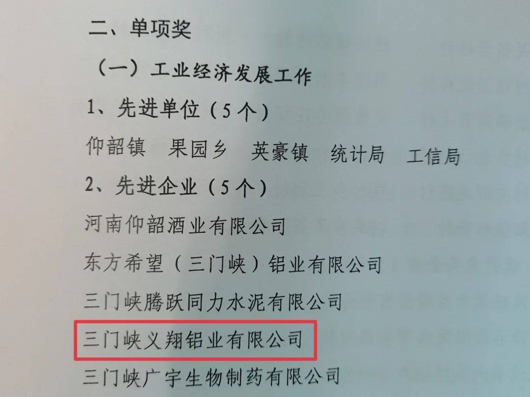 義翔鋁業公司獲得澠池縣兩項榮譽