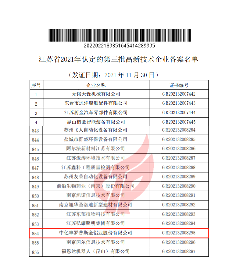 中億豐羅普斯金榮獲省高新技術企業認定