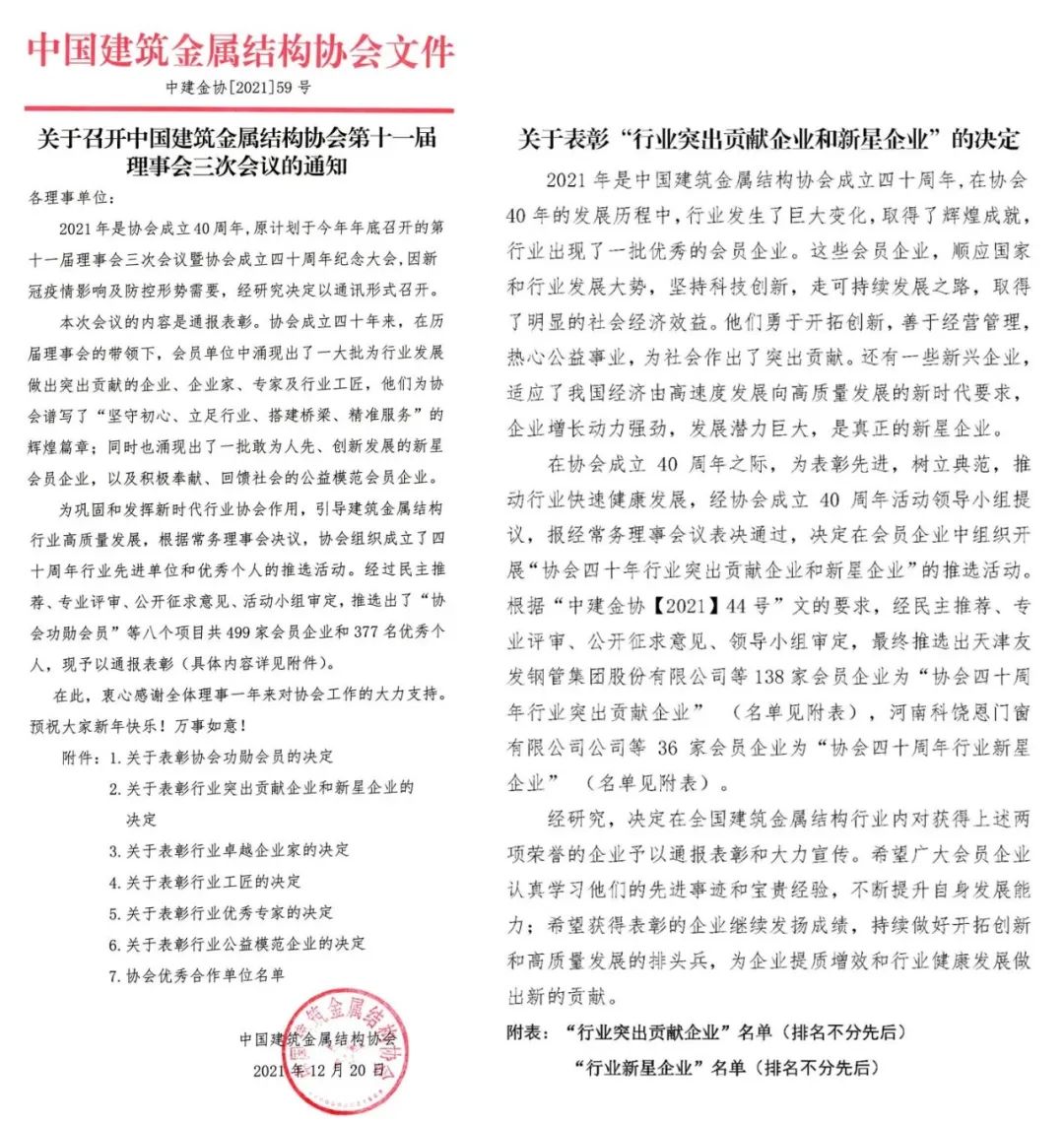 中国建筑金属结构协会发布“40周年”表彰名单，AAG亚铝多项荣誉加身