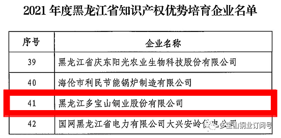 黑龙江“最新认定”—多宝山铜业成为省知识产权优势企业