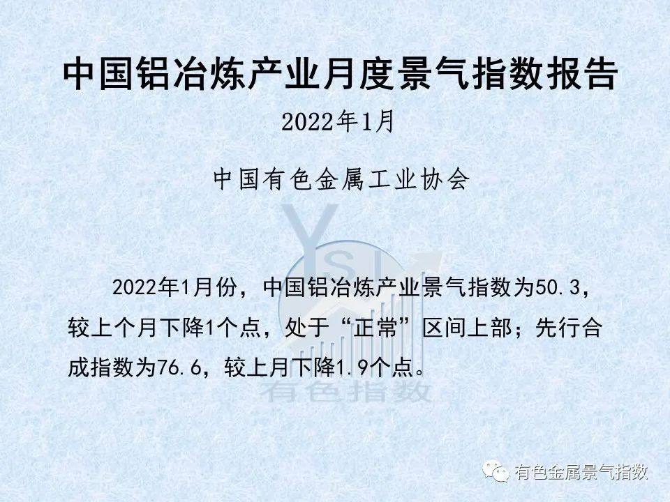 2022年1月中国铝冶炼产业景气指数为50.3 较上个月下降1个点