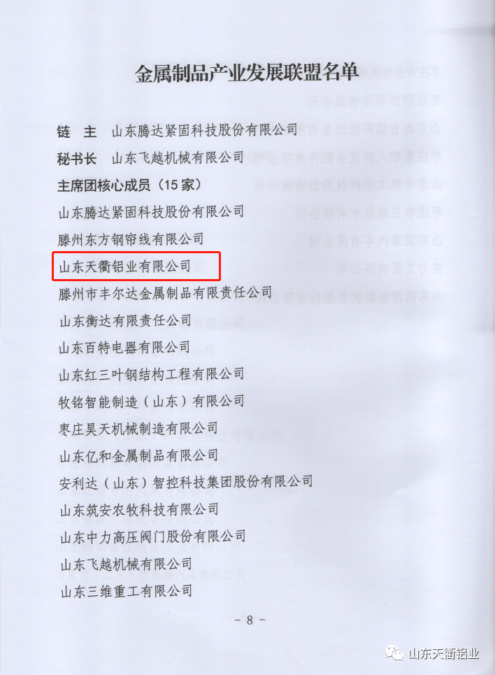 天衢铝业入选枣庄市高端装备（金属制品）​产业发展联盟主席团核心成员单位