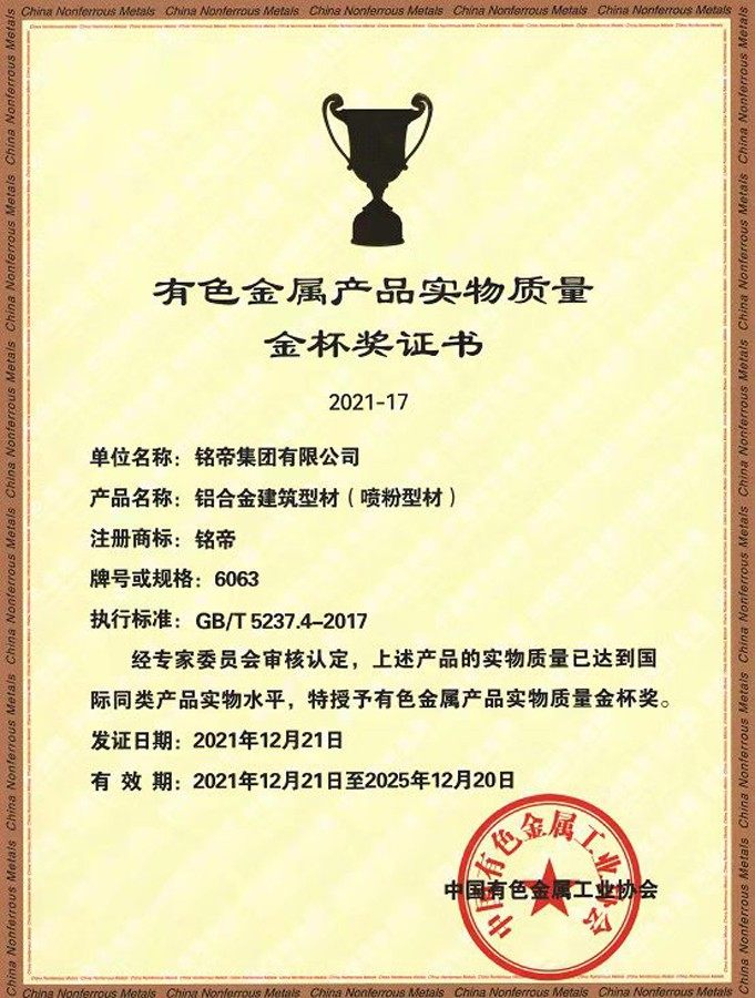 铭帝产品荣获有色金属产品实物质量金杯奖