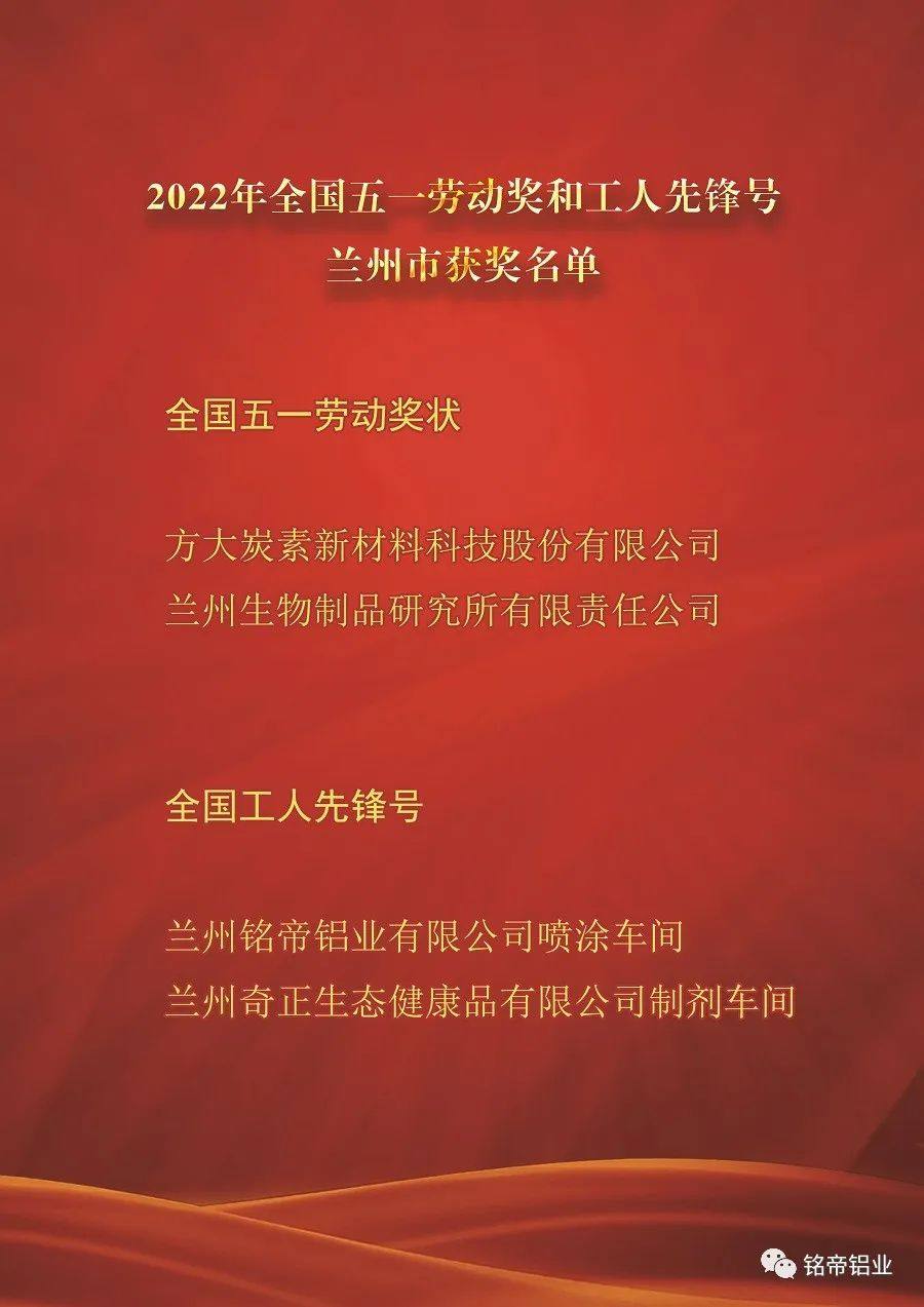 兰州铭帝铝业有限公司喷涂车间荣获“2022年全国工人先锋号”