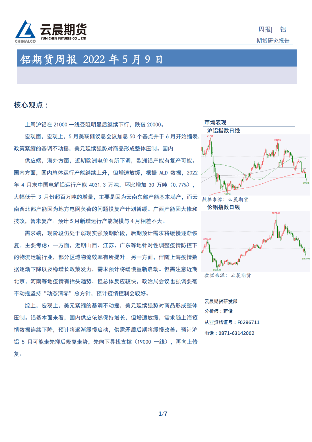 2022年第19周云晨期货铝周报